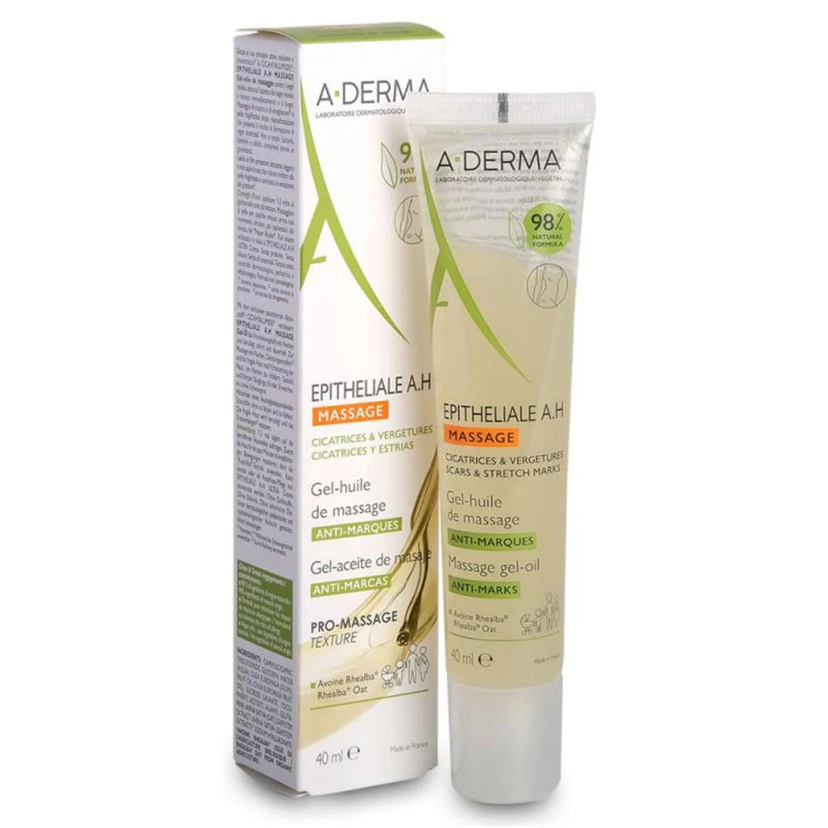 Gel-aceite de masaje A-Derma Epitheliale AH Massage para mejorar cicatrices, estrías y marcas cutáneas, apto para toda la familia incluyendo embarazadas y bebés, 40ml.