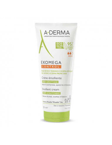 Crema emoliente A-Derma Exomega Control de 50 ml para calmar picor y rojeces en pieles secas y atópicas.