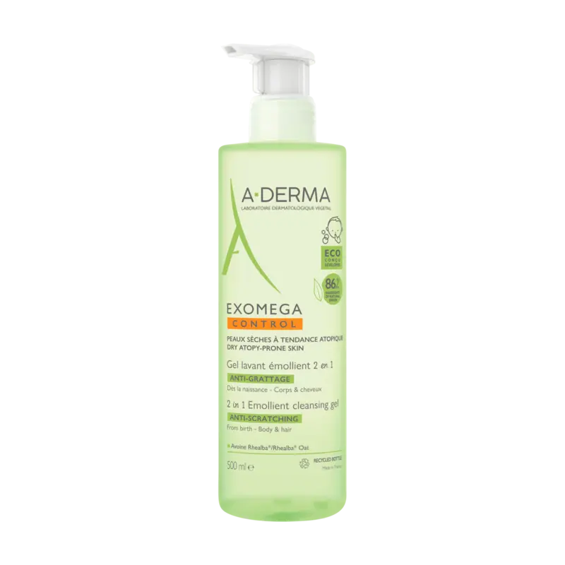 A-Derma Exomega Control Gel Emoliente para rostro, cuerpo y cabello de pieles atópicas y secas, 500ml