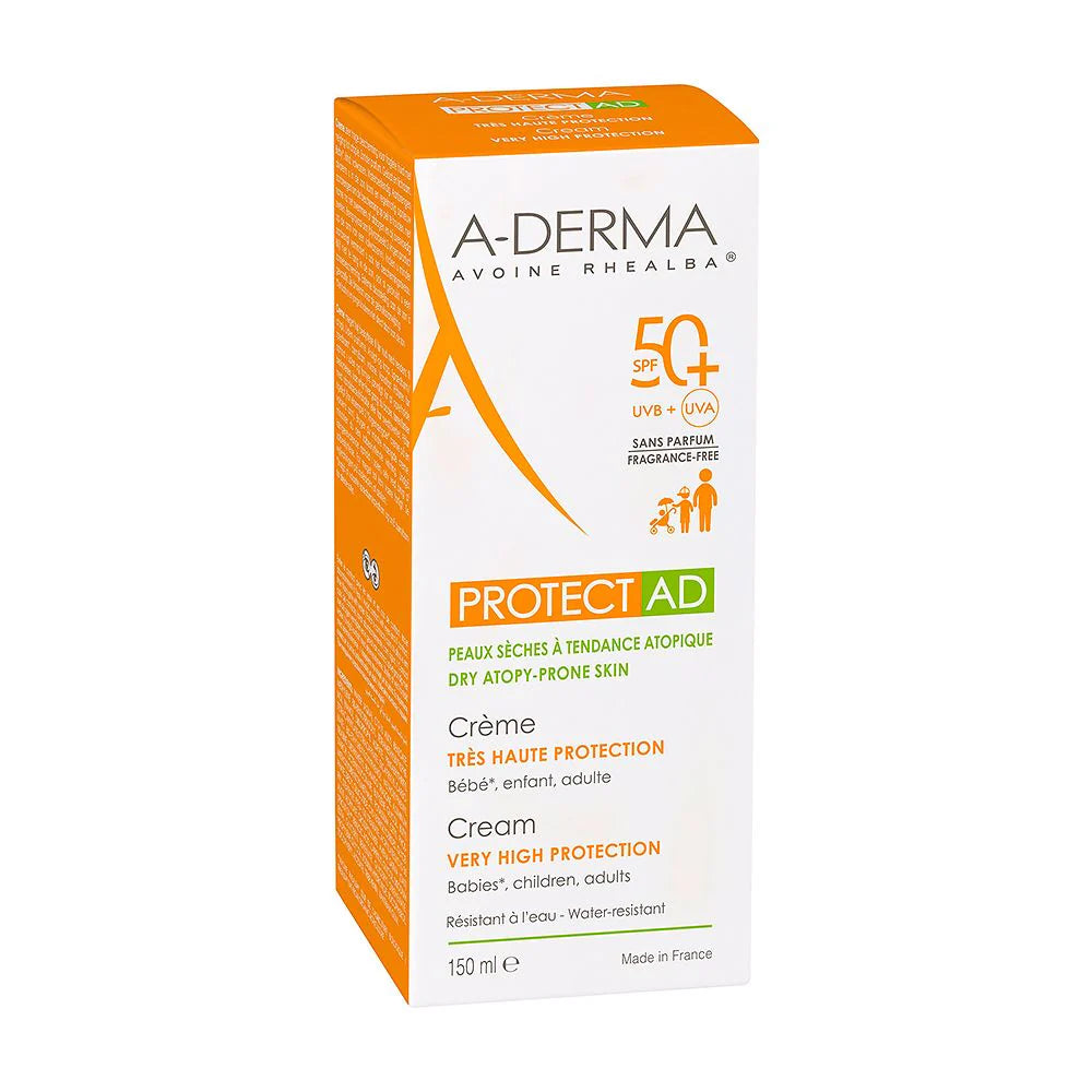 A-Derma Protect AD Crema SPF 50+ 150ml, fotoprotector facial y corporal para piel sensible de bebés, niños y adultos.