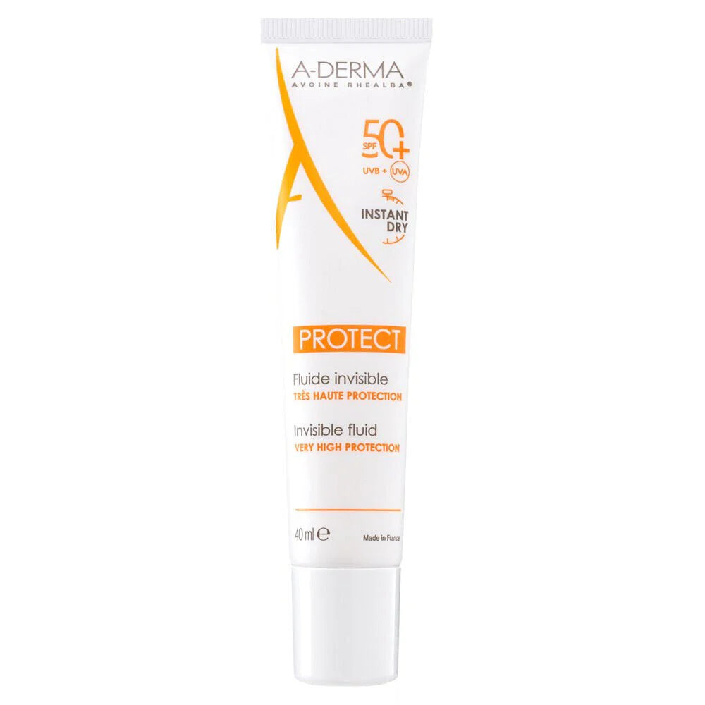 Fluido solar facial A-Derma Protect Invisible SPF 50+ para pieles sensibles y frágiles, con protección UVA/UVB. Formato de 40ml.