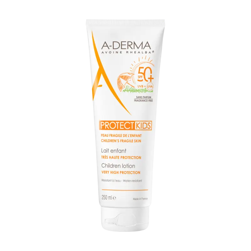 A-Derma Protect Kids Leche Solar Niños SPF50+ para pieles frágiles, sensibles y atópicas. Formato de 250ml.