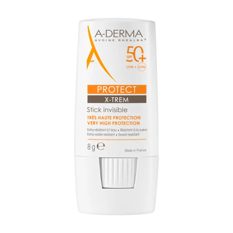 Stick solar A-Derma  Protect X-Trem Stick Invisible SPF 50+ para rostro y zonas delicadas, protección muy alta para pieles sensibles y bebés.