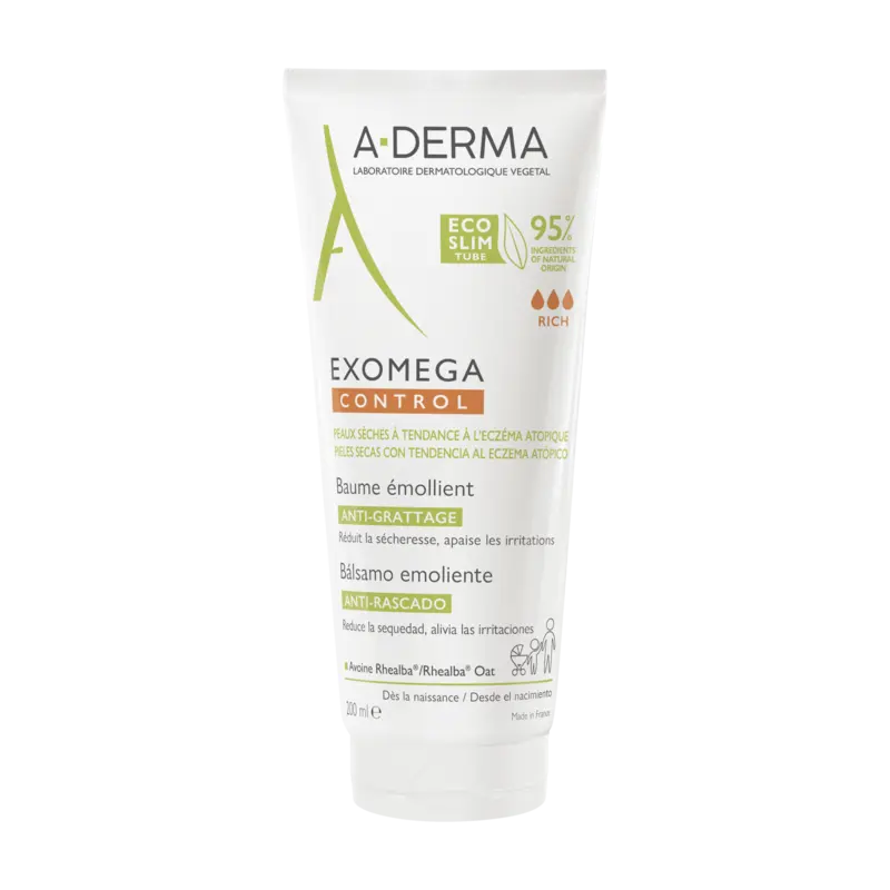 Aderma Exomega Control Bálsamo Emoliente 200ml para pieles atópicas y secas, calma el picor y protege la barrera cutánea de bebés y adultos.