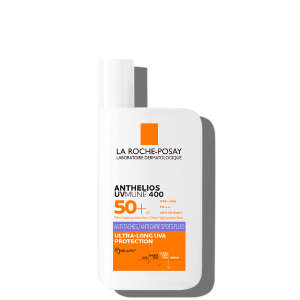 Protector solar facial Anthelios UV Mune 400 Fluido Antimanchas SPF 50+ con Melasyl y Mexoryl 400, protección UVA UVB y tono uniforme.
