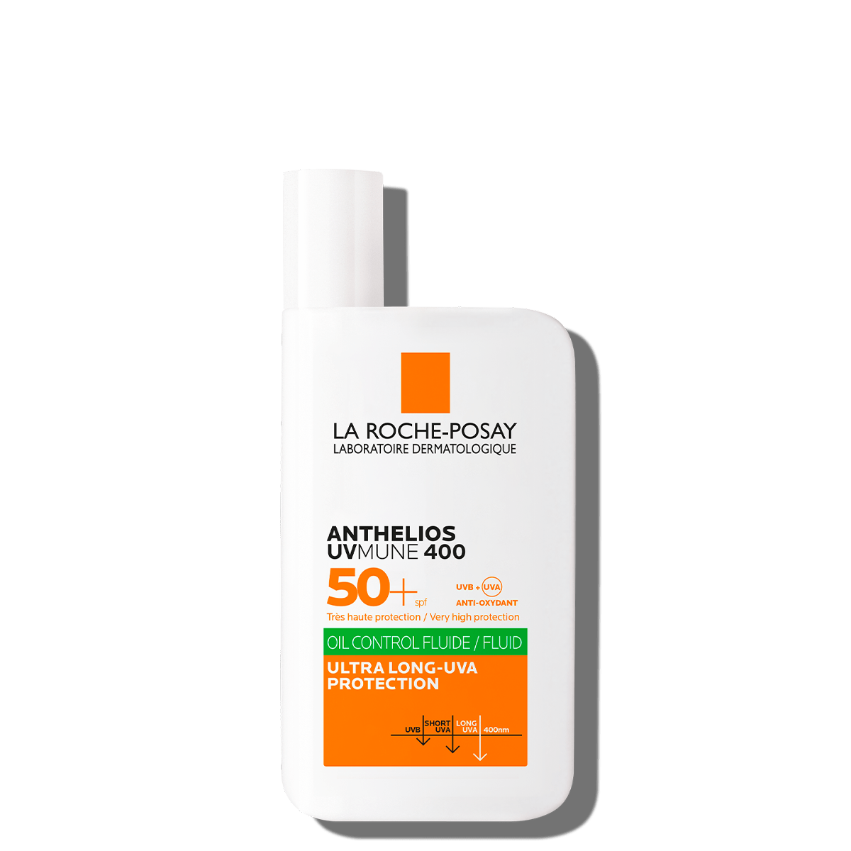 Fotoprotector Anthelios UVMUNE 400 Oil Control Fluido SPF50+ para piel sensible y grasa con efecto matificante y acabado invisible sin marcas blancas.