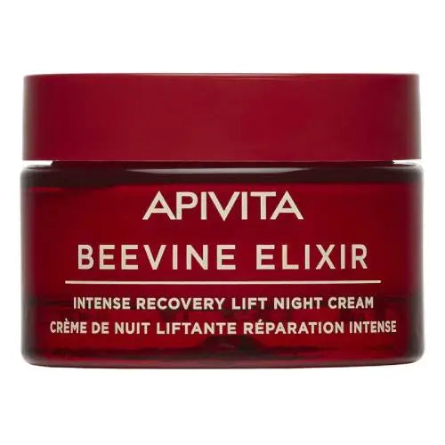 Tarro de 50 ml de Apivita Beevine Elixir Crema de Noche, tratamiento rejuvenecedor con polifenoles de propóleo, vid y colágeno vegetal.