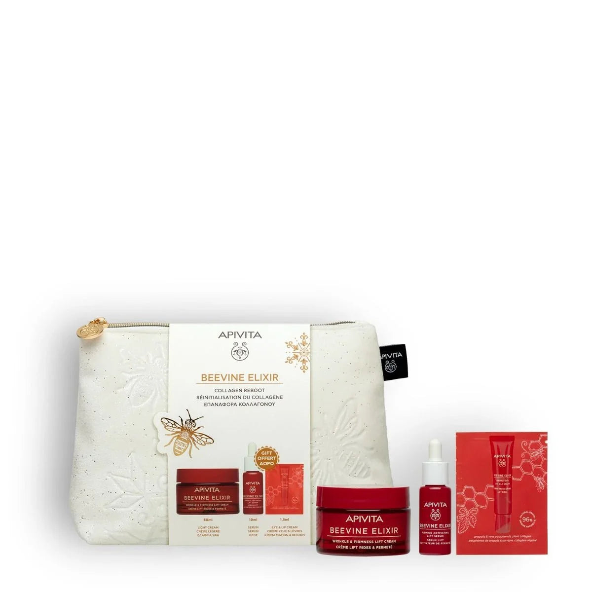 Cofre Apivita Beevine Elixir con crema ligera, sérum lifting y contorno de ojos para rellenar arrugas y reafirmar el rostro.
