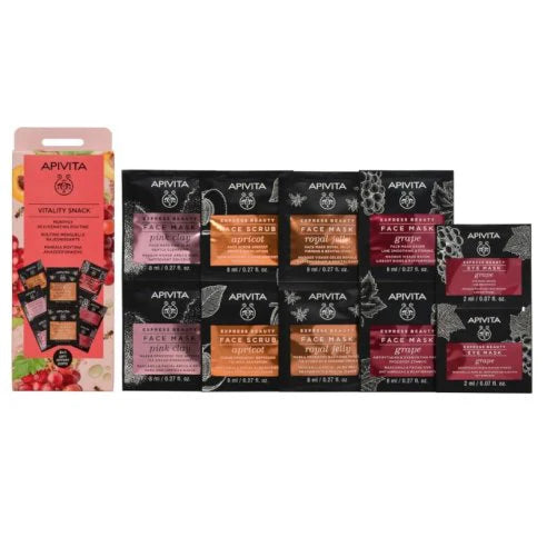 Caja de mascarillas faciales Apivita Express Beauty Antiedad 4+1, con fórmulas para rejuvenecer y revitalizar la piel.