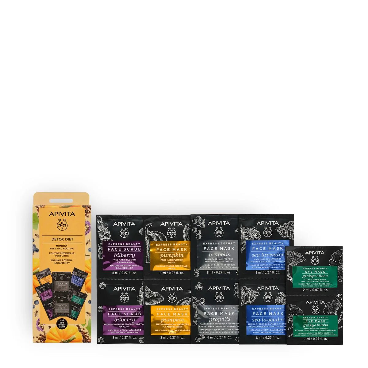 Caja de regalo APIVITA DETOX con 5 mascarillas faciales monodosis para exfoliación, purificación, hidratación, iluminación y contorno de ojos.