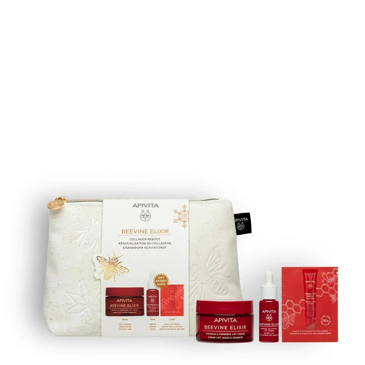 Cofre Apivita Beevine Elixir con crema rica, sérum y contorno de ojos para rellenar arrugas y reafirmar el óvalo facial.