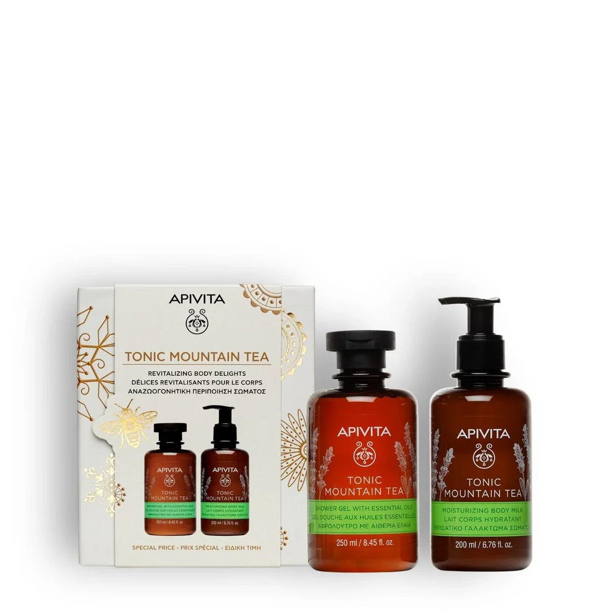 Cofre de cuidado corporal Apivita Tonic Mountain Tea con gel de baño y leche hidratante para revitalizar y tonificar la piel.