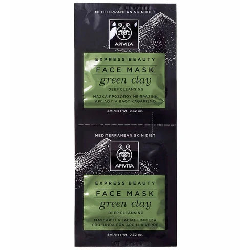 Mascarilla facial Apivita Green Clay de arcilla verde para limpieza profunda, reducción de poros y control de grasa. Pack de 2x8ml.