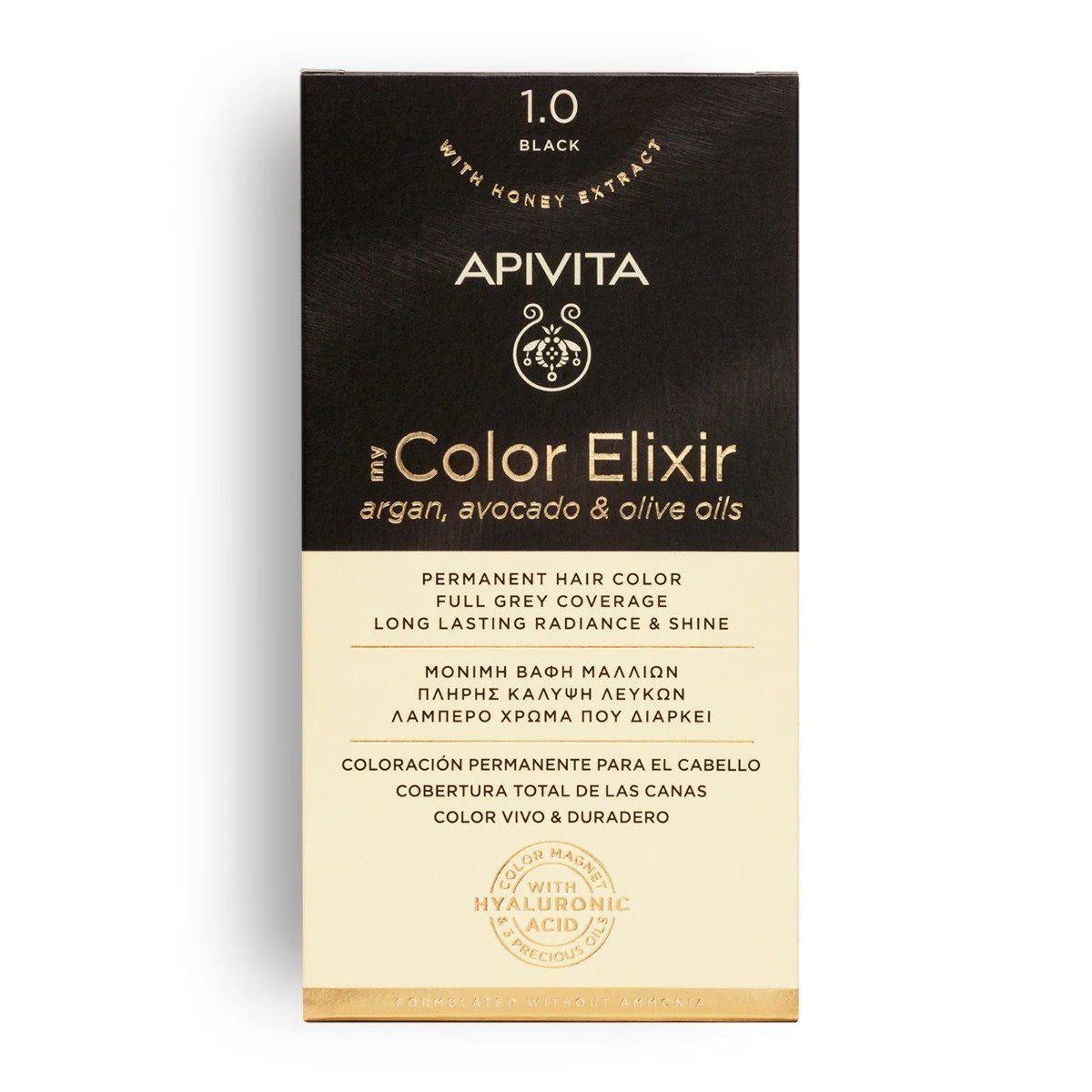 Tinte permanente Apivita My Color Elixir tono 1.0 Negro con aceites naturales para cobertura total de canas.