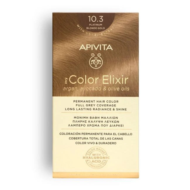 Tinte permanente Apivita My Color Elixir tono 10.3 Rubio Platino Dorado con aceites naturales para cobertura total de canas.