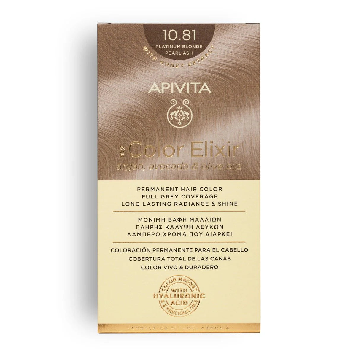 Tinte permanente Apivita My Color Elixir tono 10.81 Rubio Platino Ceniza Perlado con aceites naturales para cobertura total de canas.