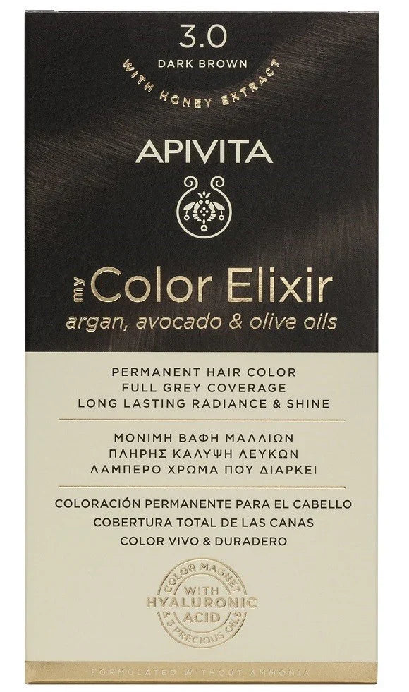 Tinte permanente Apivita My Color Elixir tono 3.0 Castaño Oscuro con aceites naturales para cobertura total de canas.