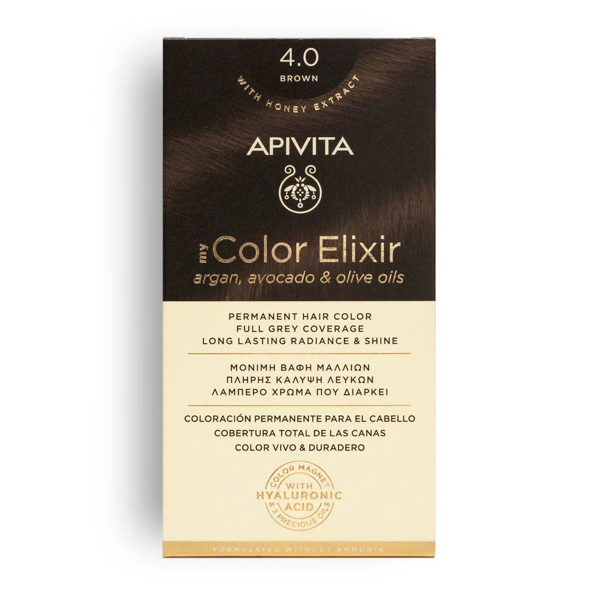 Tinte permanente Apivita My Color Elixir tono 4.0 Castaño con aceites naturales para cobertura total de canas.