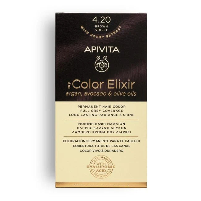 Tinte permanente Apivita My Color Elixir tono 4.20 Castaño Violeta con aceites naturales para cobertura total de canas.