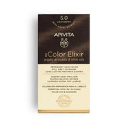 Tinte permanente Apivita My Color Elixir tono 5.0 Castaño Claro con aceites naturales para cobertura total de canas.