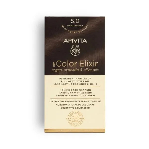 Tinte permanente Apivita My Color Elixir tono 5.0 Castaño Claro con aceites naturales para cobertura total de canas.