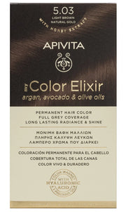 Tinte permanente Apivita My Color Elixir tono 5.03 Castaño Claro Natural Dorado con aceites naturales para cobertura total de canas.