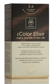 Tinte permanente Apivita My Color Elixir tono 5.4 Castaño Claro Cobrizo con aceites naturales para cobertura total de canas.