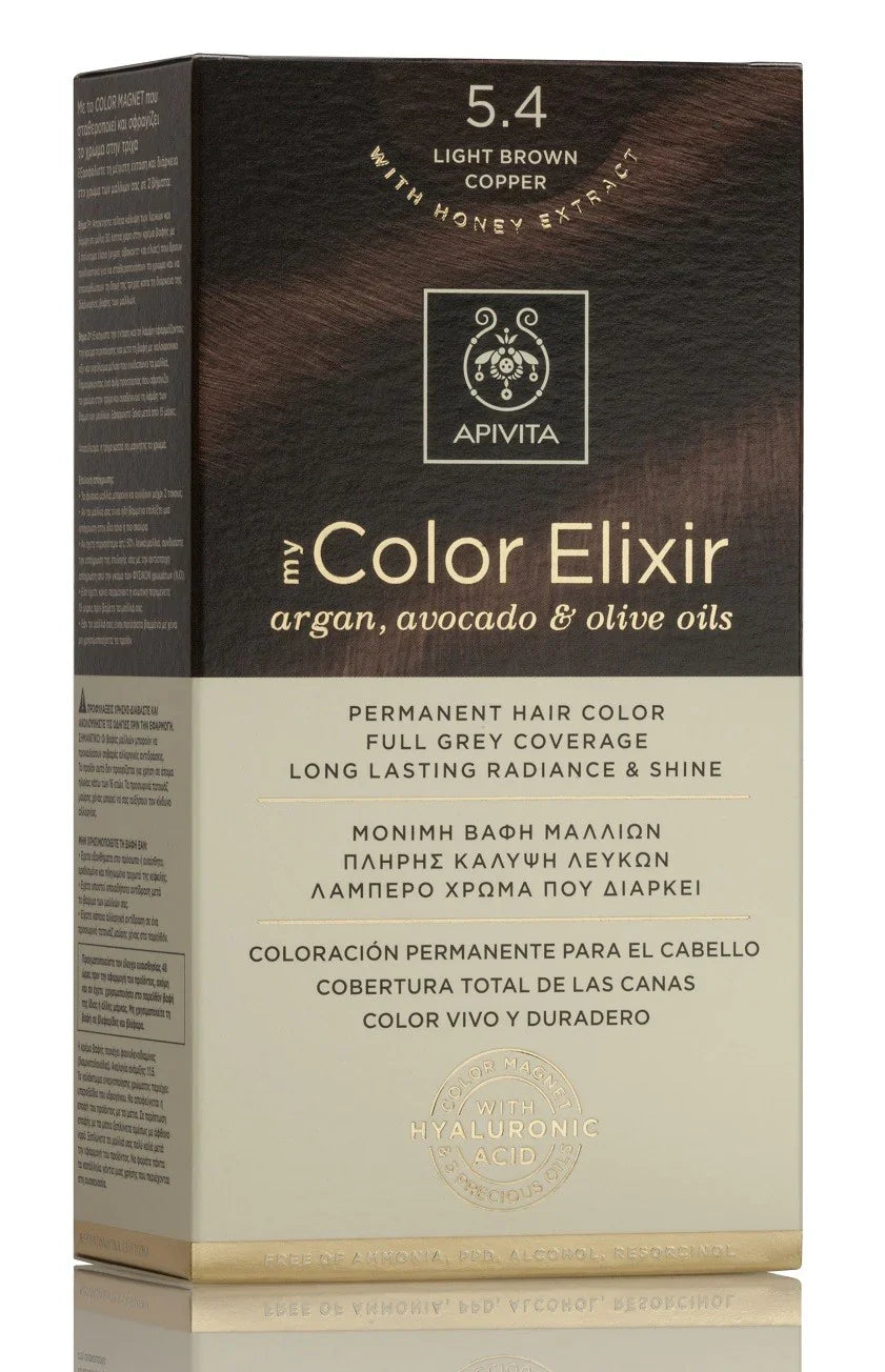 Tinte permanente Apivita My Color Elixir tono 5.4 Castaño Claro Cobrizo con aceites naturales para cobertura total de canas.