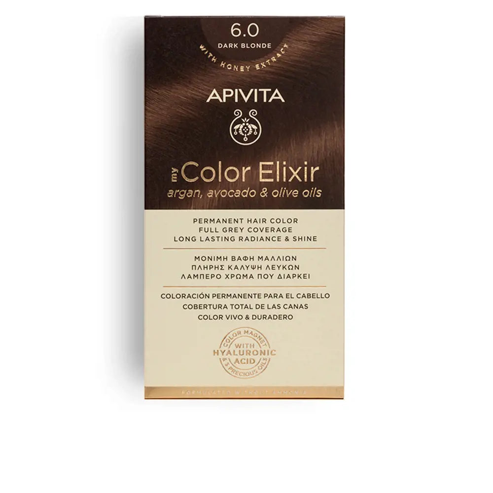 Tinte permanente Apivita My Color Elixir tono 6.0 Rubio Oscuro con aceites naturales para cobertura total de canas.