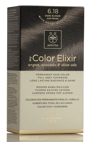 Tinte permanente Apivita My Color Elixir tono 6.18 Rubio Oscuro Ceniza Perlado con aceites naturales para cobertura total de canas.