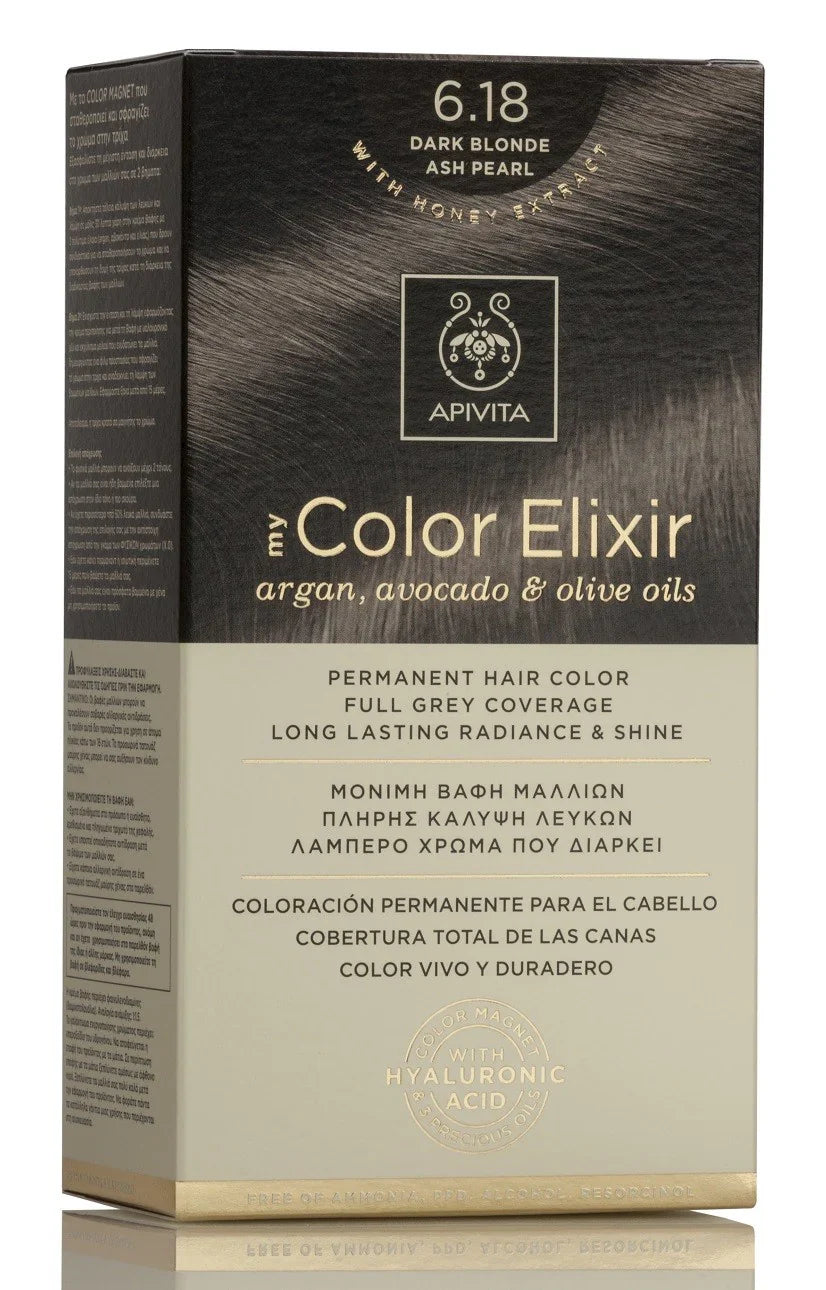 Tinte permanente Apivita My Color Elixir tono 6.18 Rubio Oscuro Ceniza Perlado con aceites naturales para cobertura total de canas.