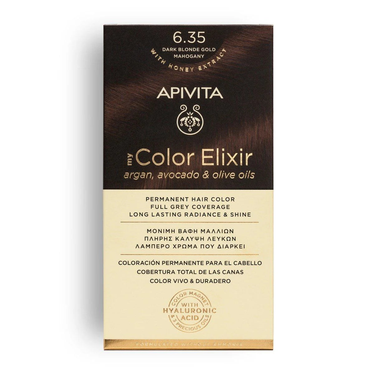 Tinte permanente Apivita My Color Elixir tono 6.35 Rubio Oscuro Dorado Caoba con aceites naturales para cobertura total de canas.