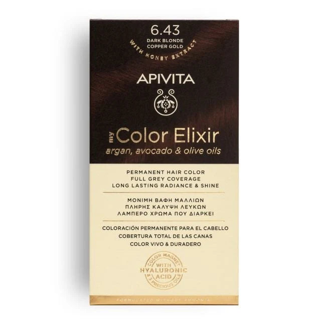 Tinte permanente Apivita My Color Elixir tono 6.43 Rubio Oscuro Cobrizo Dorado con aceites naturales para cobertura total de canas.