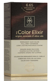 Tinte permanente Apivita My Color Elixir tono 6.65 Rubio Oscuro Caoba con aceites naturales para cobertura total de canas.