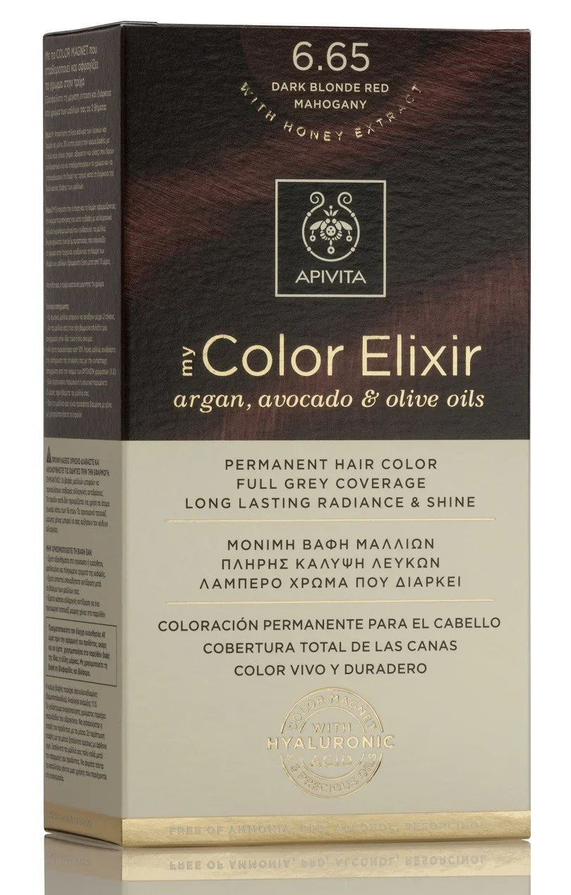 Tinte permanente Apivita My Color Elixir tono 6.65 Rubio Oscuro Caoba con aceites naturales para cobertura total de canas.