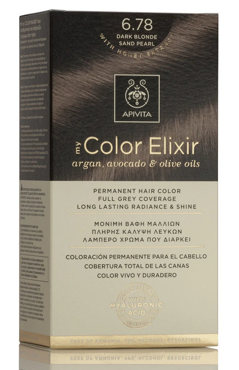 Tinte permanente Apivita My Color Elixir tono 6.78 Rubio Oscuro Cobrizo con aceites naturales para cobertura total de canas.
