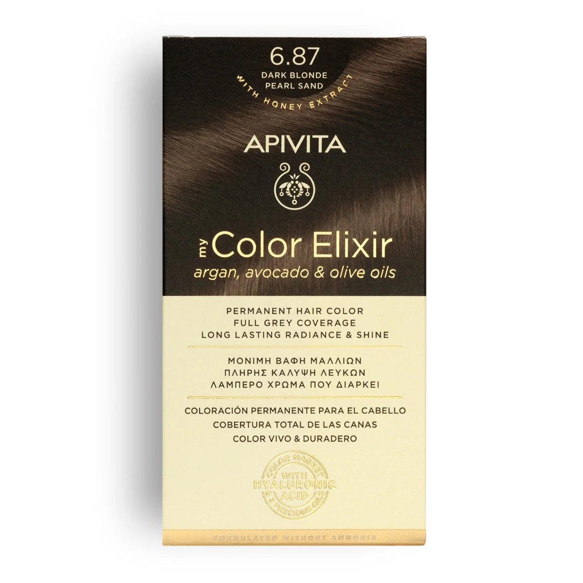 Tinte permanente Apivita My Color Elixir tono 6.87 Rubio Oscuro Arena Perlado con aceites naturales para cobertura total de canas.