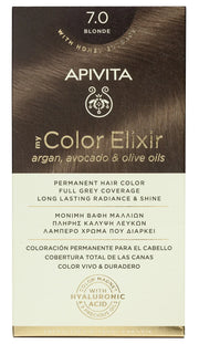 Tinte permanente Apivita My Color Elixir tono 7.0 Rubio con aceites naturales para cobertura total de canas.