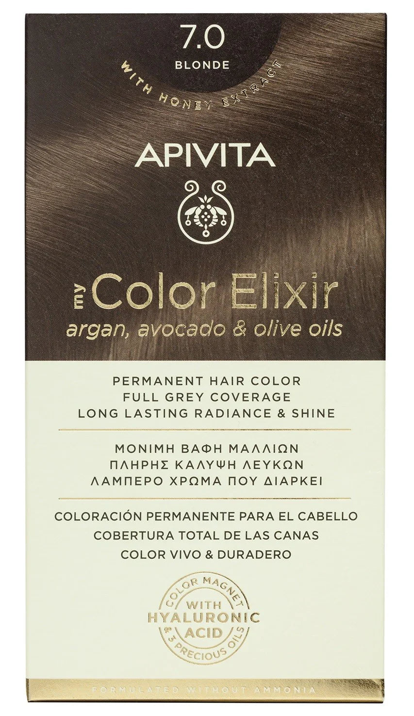Tinte permanente Apivita My Color Elixir tono 7.0 Rubio con aceites naturales para cobertura total de canas.