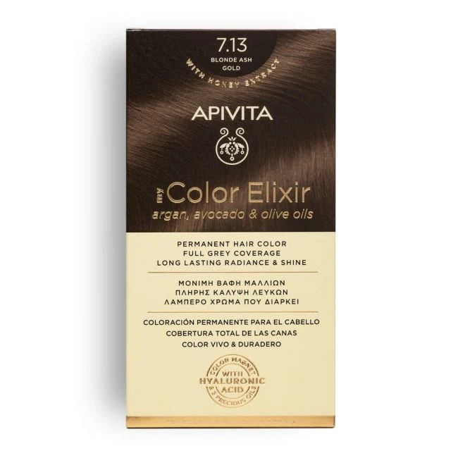 Tinte permanente Apivita My Color Elixir tono 7.13 Rubio Ceniza Dorado con aceites naturales para cobertura total de canas.