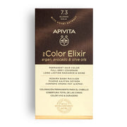 Tinte permanente Apivita My Color Elixir tono 7.3 Rubio Dorado con aceites naturales para cobertura total de canas.