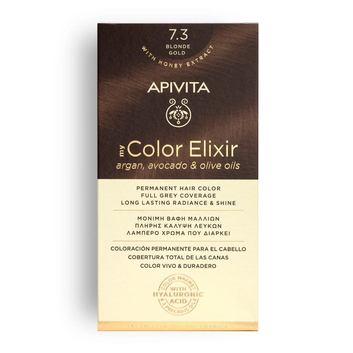 Tinte permanente Apivita My Color Elixir tono 7.3 Rubio Dorado con aceites naturales para cobertura total de canas.