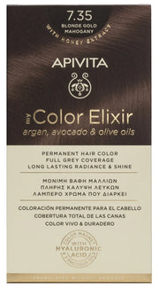 Tinte permanente Apivita My Color Elixir tono 7.35 Rubio Dorado Caoba con aceites naturales para cobertura total de canas.