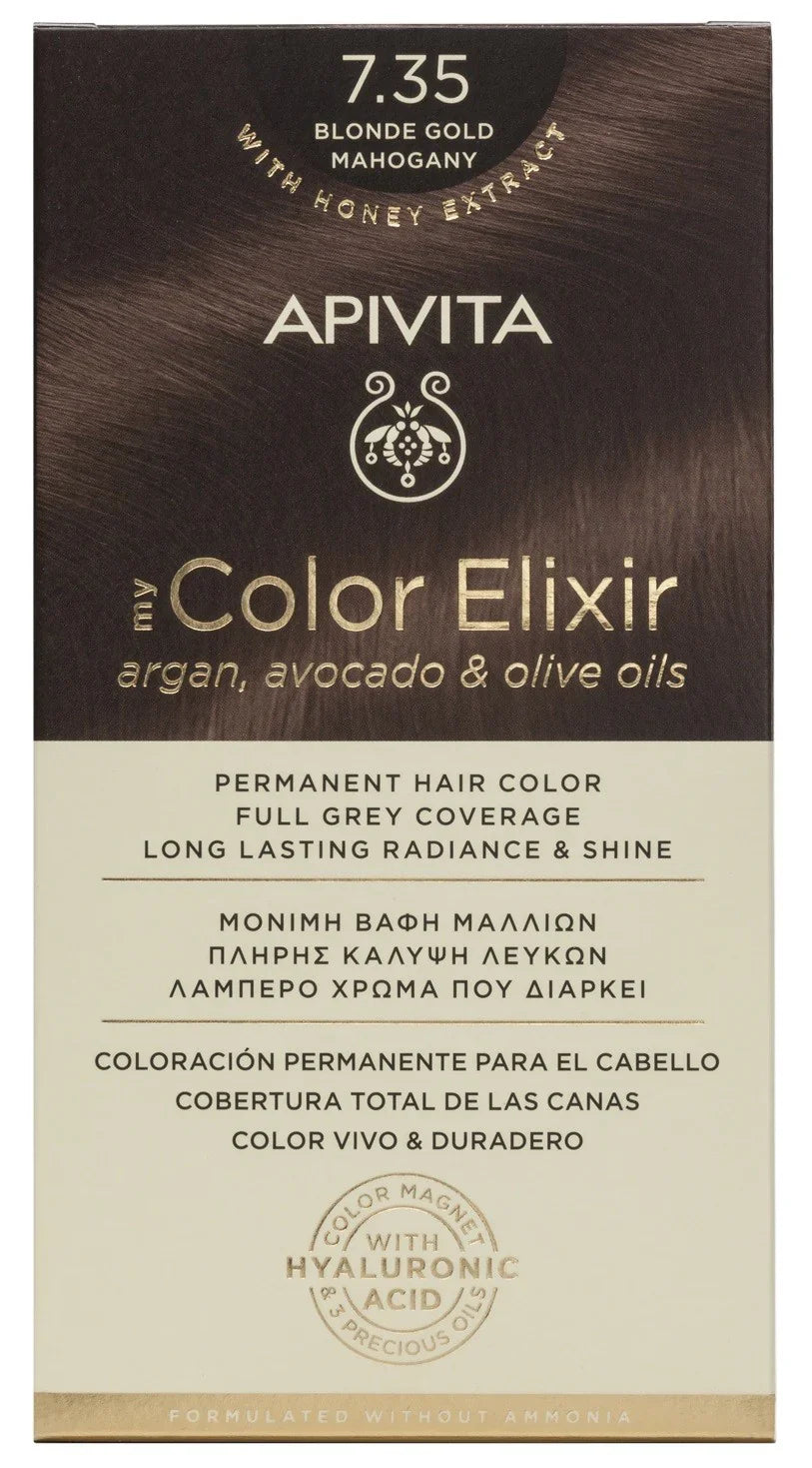 Tinte permanente Apivita My Color Elixir tono 7.35 Rubio Dorado Caoba con aceites naturales para cobertura total de canas.
