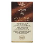 Tinte permanente Apivita My Color Elixir tono 7.44 Rubio Cobrizo Intenso con aceites naturales para cobertura total de canas.