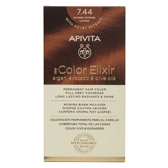 Tinte permanente Apivita My Color Elixir tono 7.44 Rubio Cobrizo Intenso con aceites naturales para cobertura total de canas.