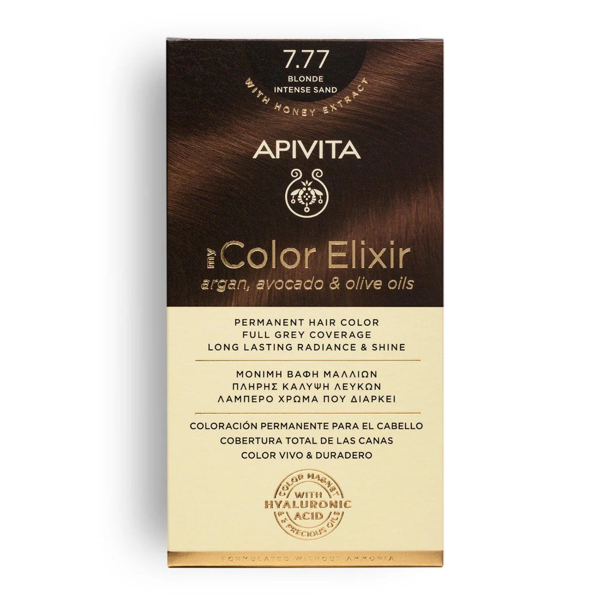 Tinte permanente Apivita My Color Elixir tono 7.77 Rubio Arena Intenso con aceites naturales para cobertura total de canas.