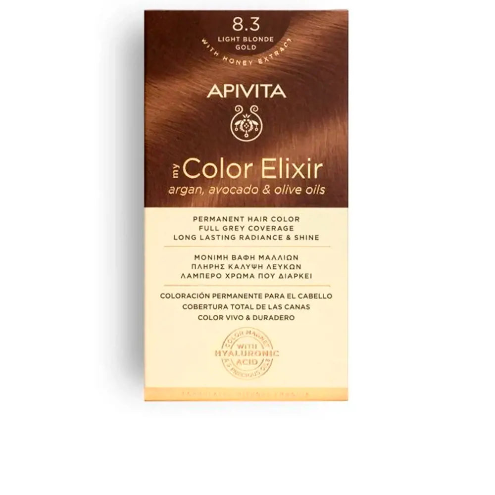 Tinte permanente Apivita My Color Elixir tono 8.3 Rubio Claro Dorado con aceites naturales para cobertura total de canas.