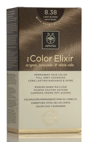 Tinte permanente Apivita My Color Elixir tono 8.38 Rubio Claro Dorado Perlado con aceites naturales para cobertura total de canas.
