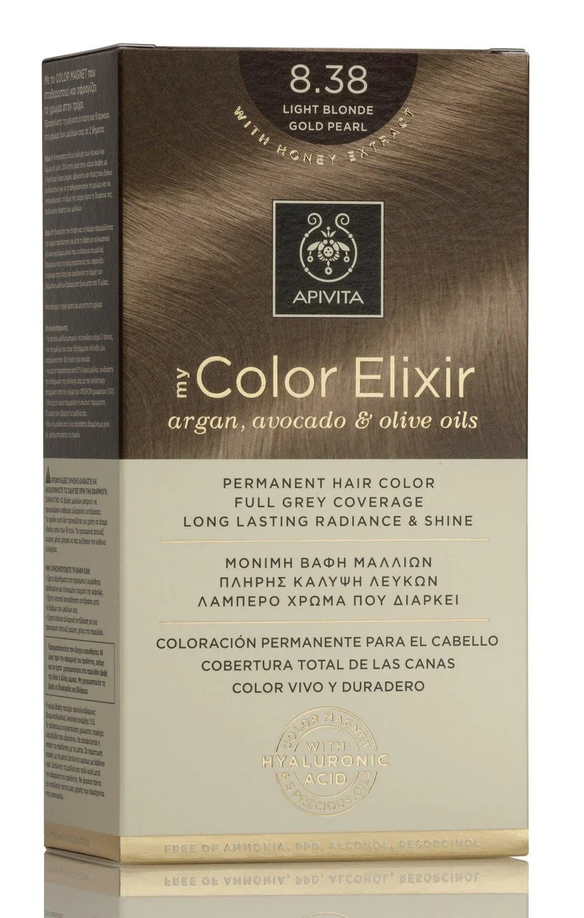 Tinte permanente Apivita My Color Elixir tono 8.38 Rubio Claro Dorado Perlado con aceites naturales para cobertura total de canas.